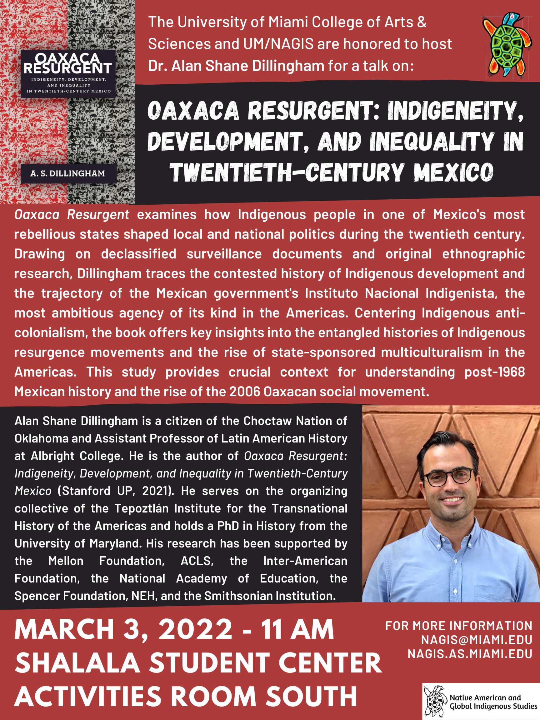 This is an event flyer. The flyer contains a picture of the guest speaker, Alan Shane Dillingham and the cover of their book. The flyer contains details about the event. The majority of the flyer contains text, and black and red coloring.