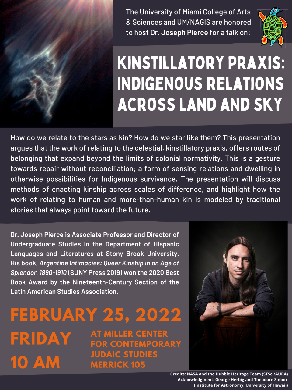 This is an event flyer. The flyer contains a picture of the guest speaker, Joseph Pierce and the cover of their book. The flyer contains details about the event. The majority of the flyer contains text, and black and grey coloring.